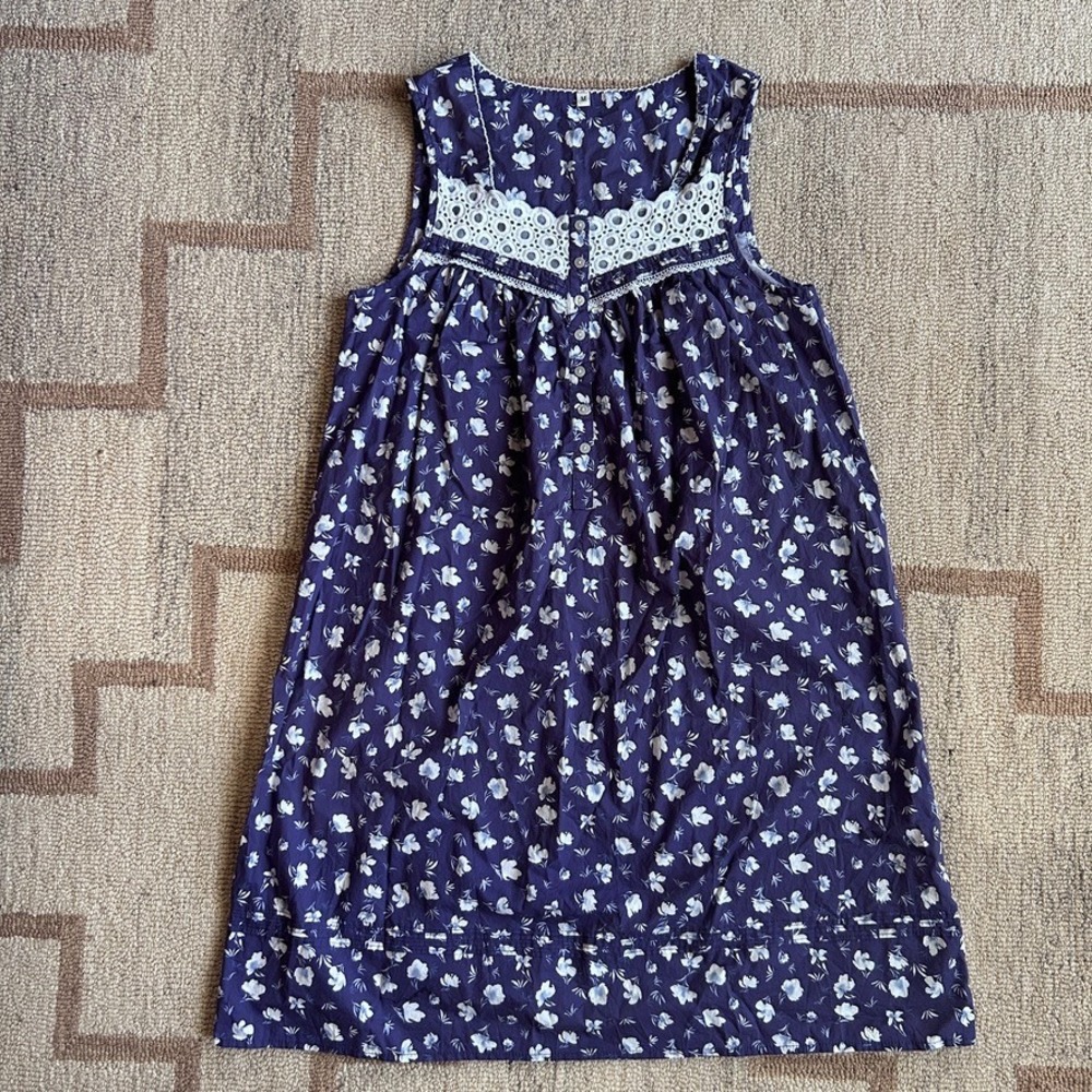 Cotton Floral Midi Dress Womens M Navy Eyelet Edwardian Nightgown Prairie Boho